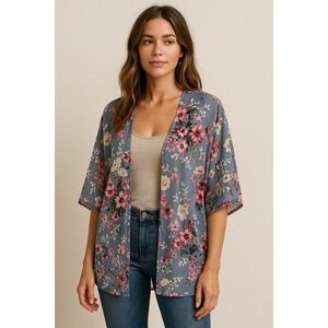 Sheer Floral Kimono Cardigan XL Boho Open Front Lightweight Duster Feminine‎